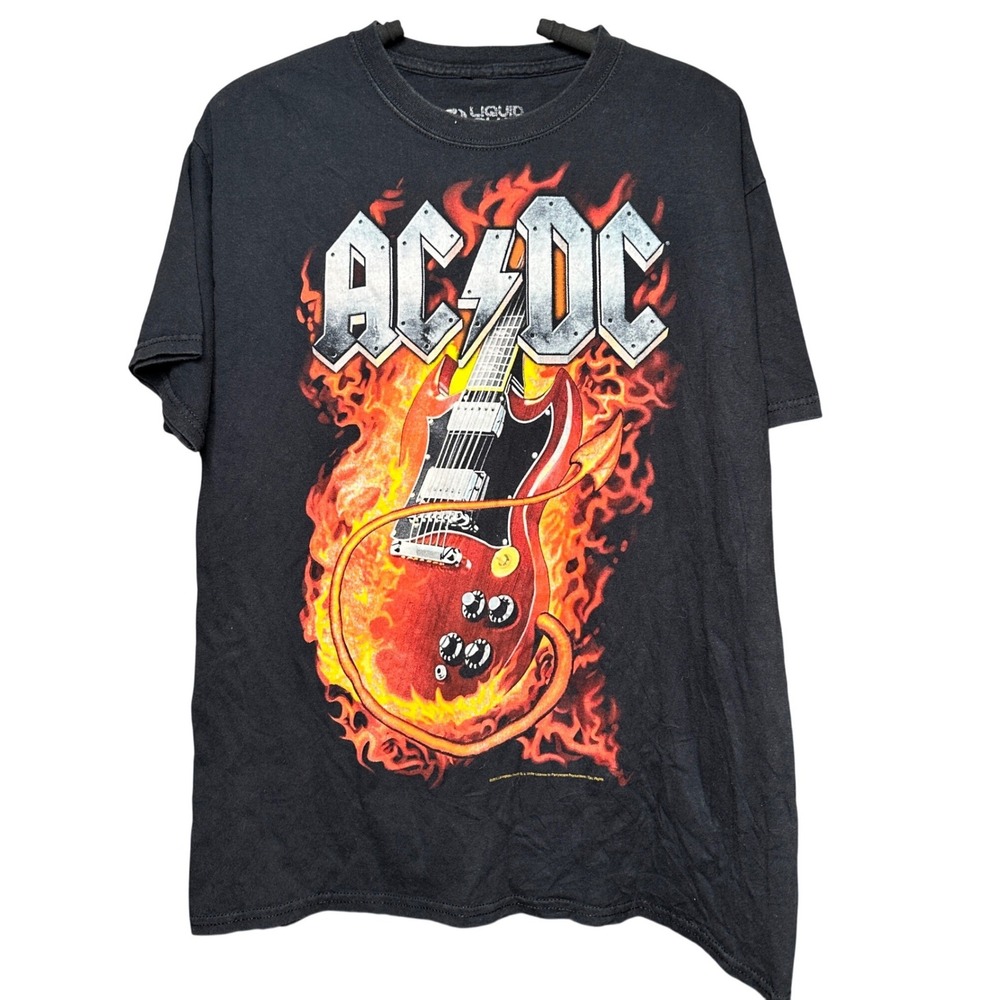 AC/DC Liquid Blue Graphic T-Shirt Black Flame Guitar Rock Band Mens Large 2015